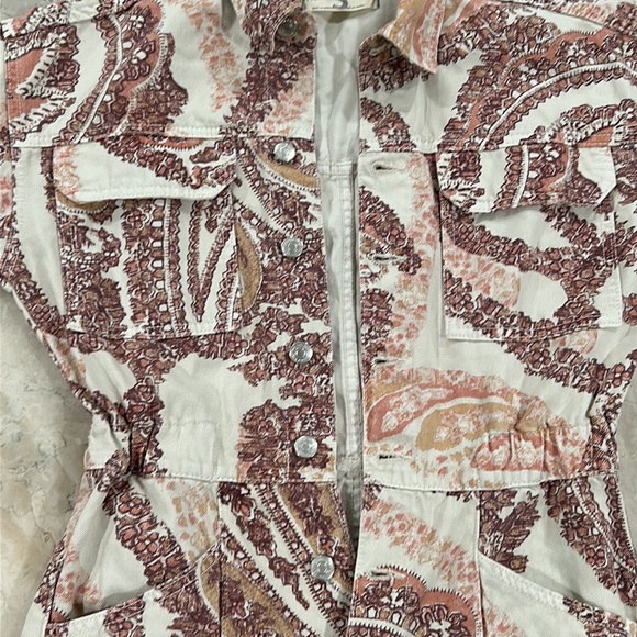 Free People Marci Printed Coverall Jumpsuit Soft Denim Brown Ivory Tan - Picture 7 of 9